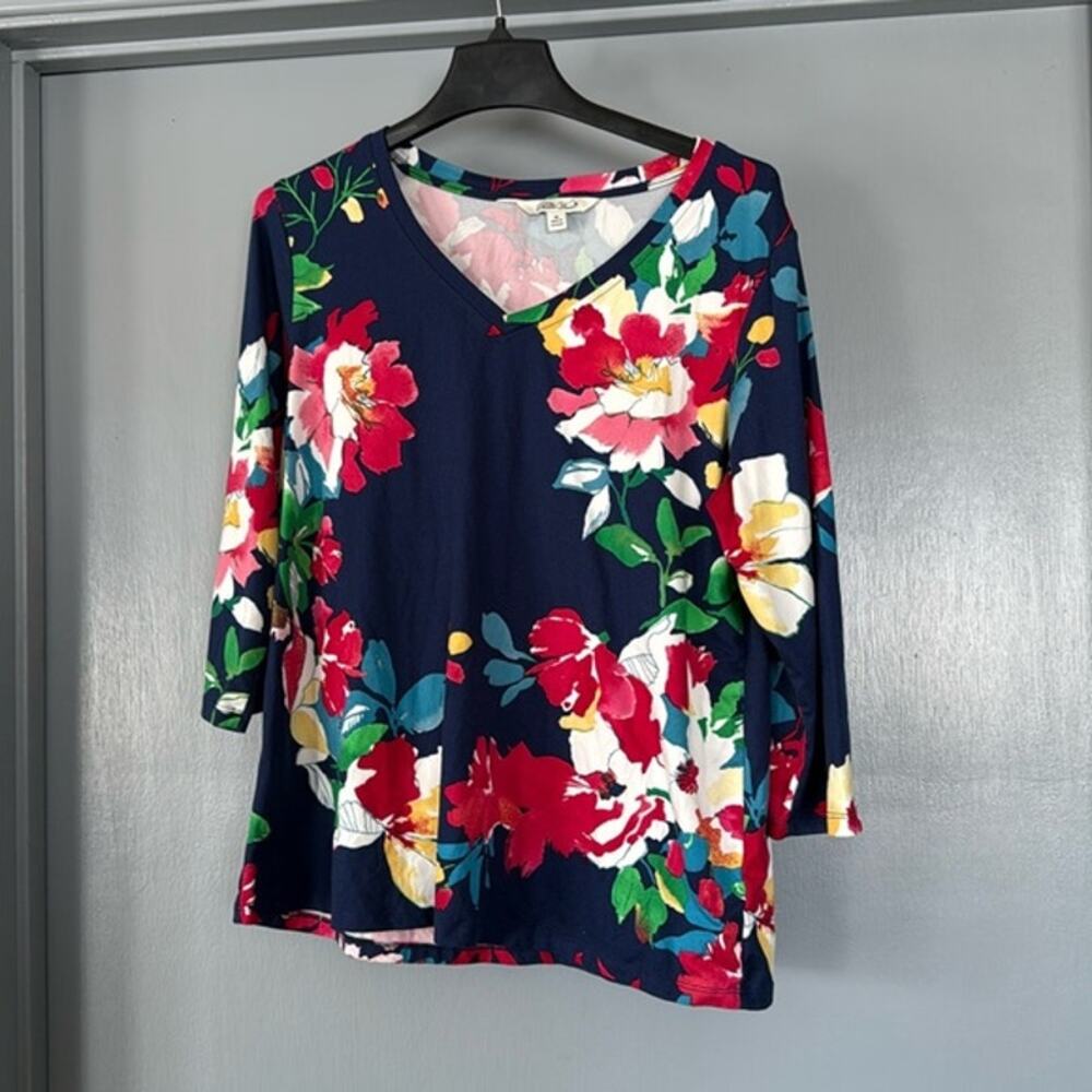 Pioneer Woman Bright Floral V-Neck Pullover Top 3/4 Sleeves sz Medium